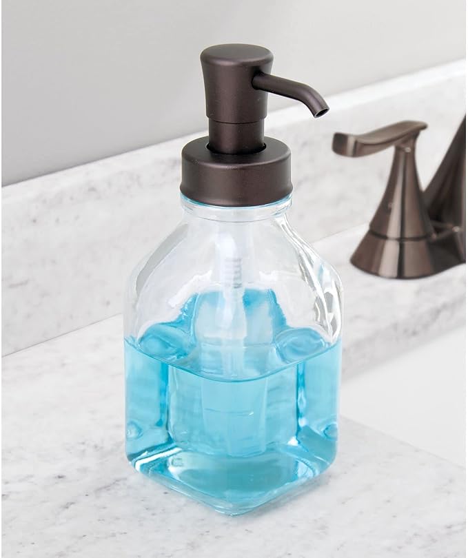 mDesign Square Glass Refillable Liquid Soap Dispenser Pump Bottle for Bathroom Vanity Countertop, Kitchen Sink - Holds Hand Soap, Dish Soap, Hand Sanitizer, Essential Oils - 2 Pack - Clear/Bronze