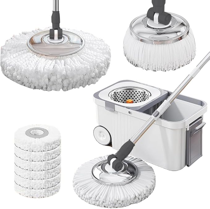 360 Spinning Floor Cleaning System with 6 Extra Refills Heads Extended Handle Household Cleaning Automatic Hand-Free Automatic Dehydration Mop for Household Floor Cleaning (White Blue)