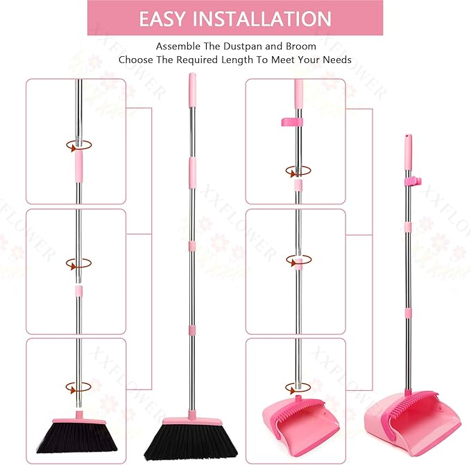 Broom and Dustpan Set, Dustpans with Broom Combo for Home, Heavy Dust Broom and Dustpan Combo, Long Handle Dust Pan and Broom Set for Kitchen, Office, Pet Hair,Pink, Pack of 1