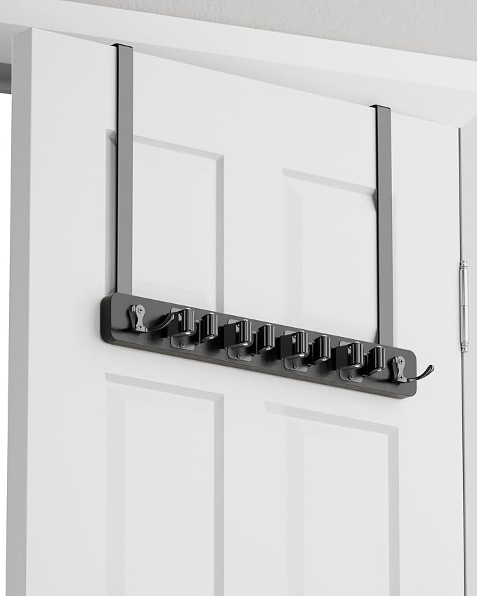Over the Door Broom Holder, Mop and Broom Holder Door Mount, Hanging Organizer with 4 Racks & 2 Hooks, Wooden Hanger Storage Decor, Laundry Tool Organizer for Closet Garage, No Drills