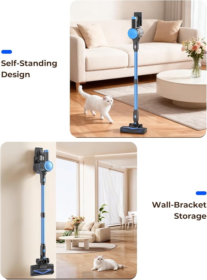 N8 Cordless Vacuum Cleaner, Lightweight Stick Vacuum with Powerful Suction,2200mAh Battery, 40 Mins Runtime, Self-Standing,Rechargeable Vacuum Cleaners for Home Hardwood Floor Carpet Pet Hair (Azure)