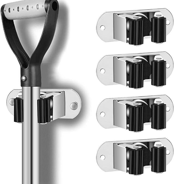 Mop and Broom Holder Wall Mount Heavy Duty Stainless Steel Wall Mounted Broom Organizer Laundry Room Home Garden Garage Storage and Organization Rack (Silver)