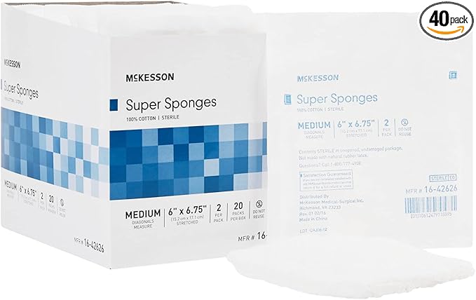 McKesson Super Sponges, Sterile, 100% Cotton, Fluff Dressing, 6 in x 6 3/4 in, 2 per Pack, 20 Packs, 40 Total
