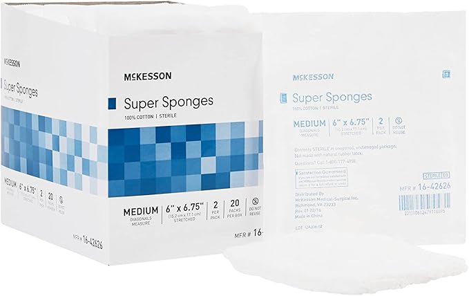 McKesson Super Sponges, Sterile, 100% Cotton, Fluff Dressing, 6 in x 6 3/4 in, 2 per Pack, 240 Packs, 480 Total