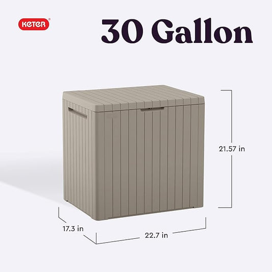 Keter City 30 Gallon Resin Outdoor Storage Box & Patio Side Table for Balcony, Pool, Deck & Garden Accessories, Weather‑Resistant, Beige