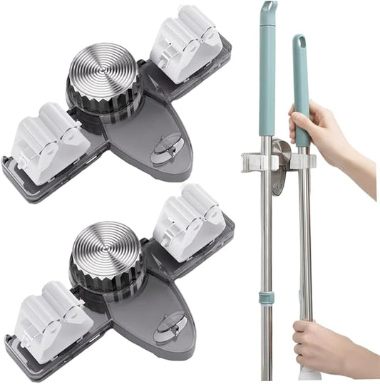 2PCS Suction Cup Broom Holder Wall Mount, No Drill Mop and Broom Organizer with Retractable Towel Rack, Transparent Bathroom Storage, GreyHome Decor