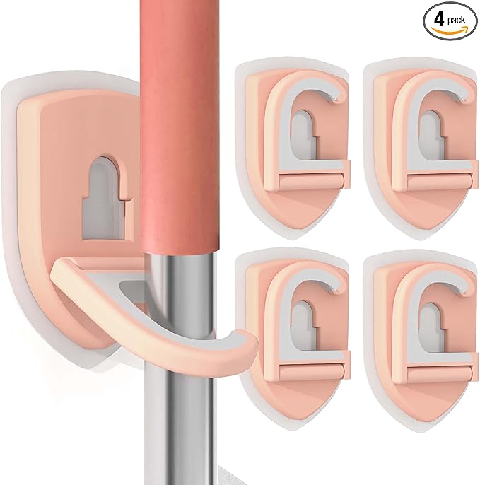 Broom Holder Wall Mount Self Adhesive, Broom and Mop Organizer Wall Hanging, No Drilling Anti-Slip Broom Hook Over Door for Home, Kitchen, Garden, Garage Storage (4-Pack, Coral Pink)