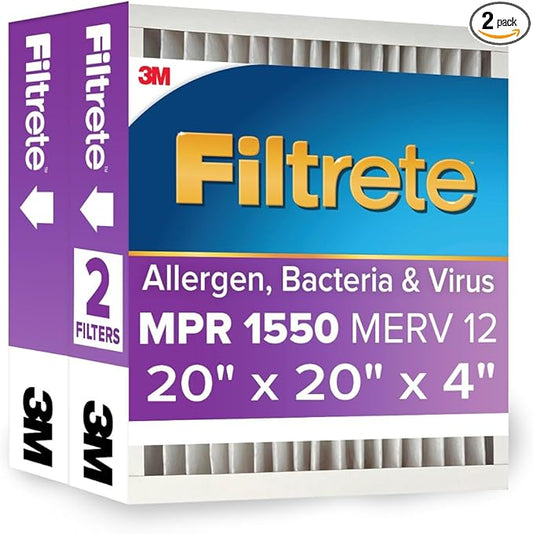 Filtrete 20x20x4 AC Furnace Air Filter, MPR 1550, MERV 12, Fits Honeywell, CERTIFIED Asthma & Allergy Friendly, Electrostatic Air Cleaning Filter, 2-Pack (Actual Size 19.88x19.88x4.31 in)
