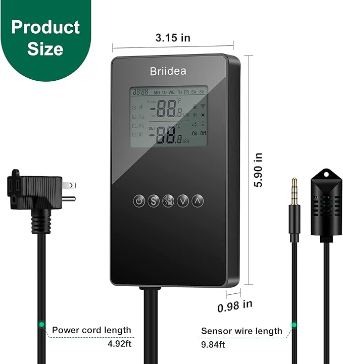 Humidity Controller, Briidea Pre-Wired Humidistat Humidifier Dehumidifier with LCD Display High Accuracy Humidity Sensor, Ideal for Greenhouse Mushroom Grow Tent