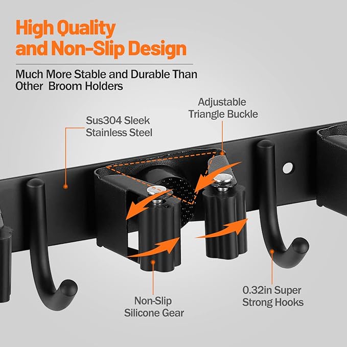 Broom Holder Wall Mount, Broom Organizer Wall Mount Stainless Steel Mop and Broom Holder Wall Mounted Heavy Duty Broom Hanger Storage Rack 5 Rack 4 Hooks Black