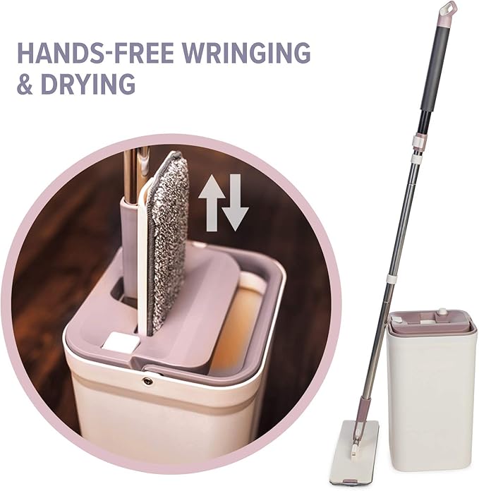 Micro Flat Mop & Bucket System, Hands-Free Wringing Floor Cleaning, 3 Washable & Reusable Microfiber Pads, Wet or Dry Usage on Wood, Marble, Tile, Laminate, Ceramic and Vinyl Floors