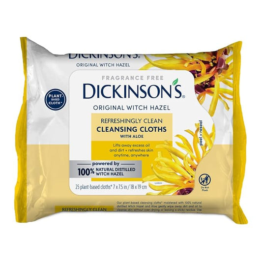 Dickinson's Original Witch Hazel Refreshingly Clean Cleansing Cloths with Aloe | 100% Natural Distilled Witch Hazel | Cleanses & Refreshes Skin | Extra-Large Cloths | Pack of 1 | 25 Cloths per Pack