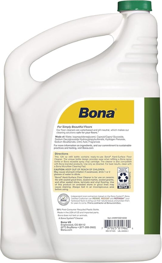 Bona Multi-Surface Floor Cleaner Refill - 128 fl oz - Lemon Mint - Residue-Free Floor Cleaning Solution refill for Spray Mop and Spray Bottles - For Use on Stone, Tile, Laminate, and Vinyl Floors