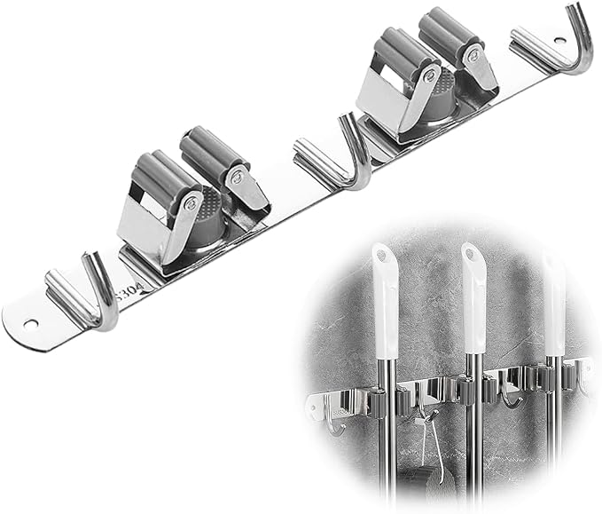 1Pcs Broom Mop Holder Wall Mount – Stainless Steel Heavy Duty Organizer with 2 Racks & 3 Hooks for Garage, Kitchen, Laundry Room, Garden & Home