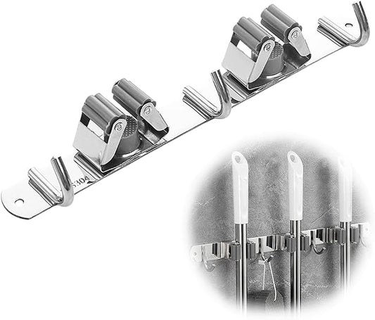 1Pcs Broom Mop Holder Wall Mount – Stainless Steel Heavy Duty Organizer with 2 Racks & 3 Hooks for Garage, Kitchen, Laundry Room, Garden & Home