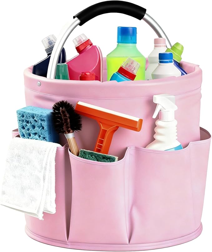 Cleaning Caddy with Handle, Cleaning Products Organiser, Foldable Storage Basket, Large Supply Organiser 17L with 6 Pockets, Portable Cleaning Caddy for Home & Garden (Pink)