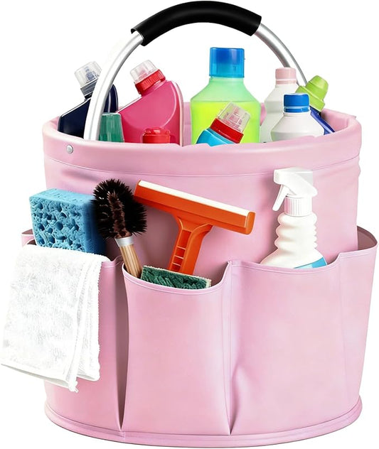 Cleaning Caddy with Handle, Cleaning Products Organiser, Foldable Storage Basket, Large Supply Organiser 17L with 6 Pockets, Portable Cleaning Caddy for Home & Garden (Pink)