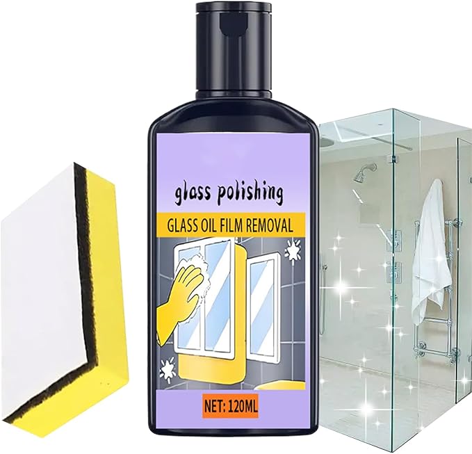 120ml Shower and Window Glass Cleaner, Oil Film Remover with Sponge, Household Glass Polishing Cleaner, Streak-Free Bathroom and KitchenGlass Solution for Toilet, Tub, Bathroom, Kitchen, Tile, Mirror