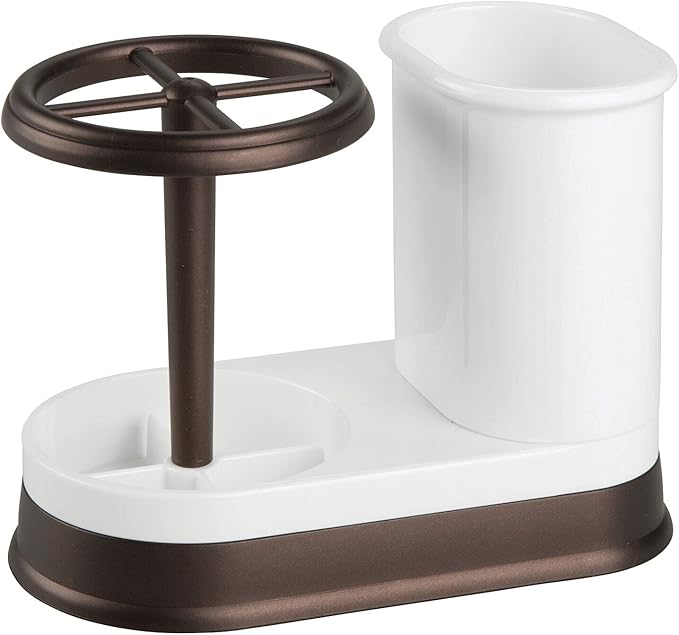 mDesign Decorative Bathroom Dental Storage Organizer Holder Stand for Electric Spin Toothbrush/Toothpaste - Compact Design for Countertop and Vanity, Holds 4 Standard Brushes - White/Bronze