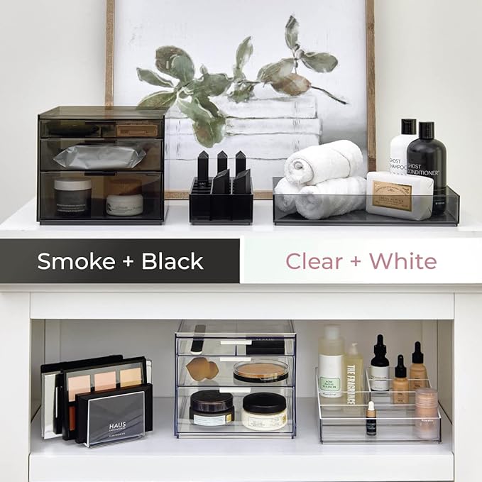 iDesign Stackable Makeup Drawer Organizer - Vanity Organizer or Desk Organizer - Clear/Matte White