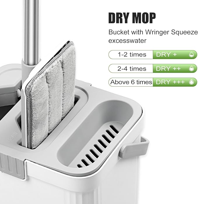 Flat Floor Mop and Bucket Set with Wringer, Flat Mops for Floor Cleaning, Wall Mop Cleaner with Long Handle, Hardwood Floor Mop with 3 Microfiber Pads (XF)