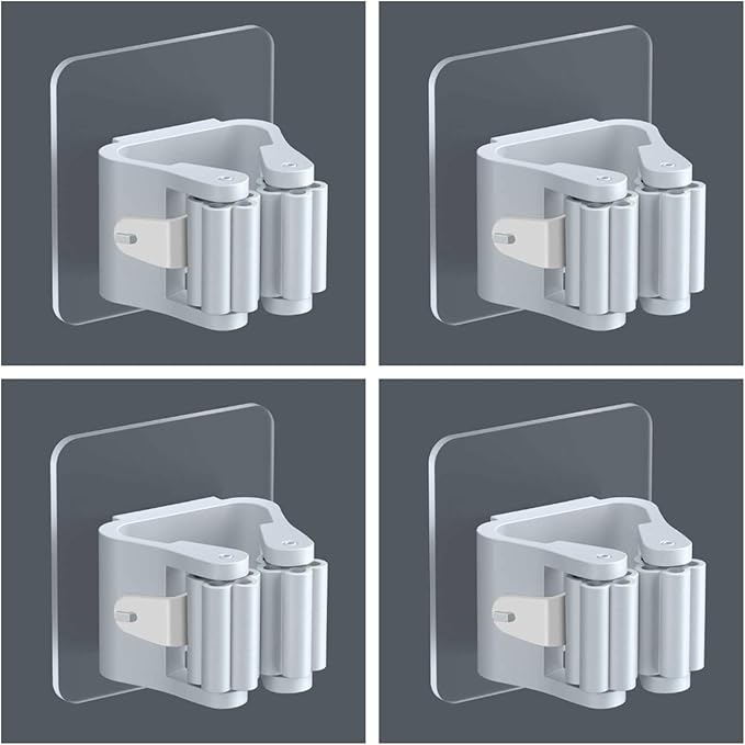 4PCS Mop Broom Holder Wall Mounted Clip Grippers Self-Adhesive No Drilling Racks Anti-Slip Hooks Wall Mount Grippers