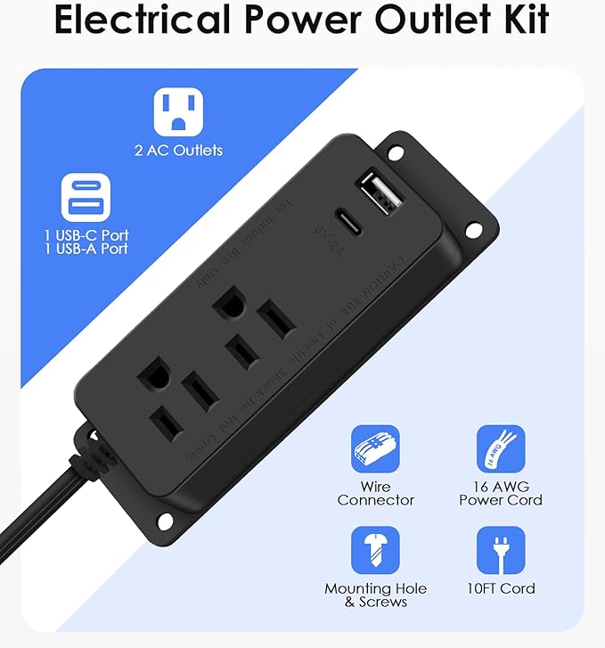 Gun Safe Power Outlet Kit, Gun Safe Accessory Electrical Outlet with USB C Port. Hidden Drawer Outlet Accessories for Interior Dehumidifiers and Lights (10FT)