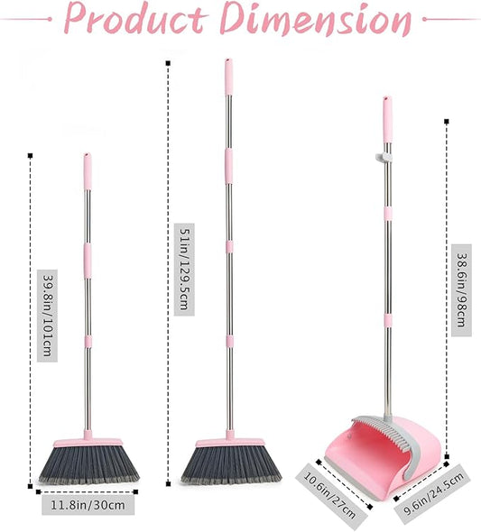 Broom and Dustpan Combo Set, Long Handle and Standing Dust Pan with Comb Teeth, Efficient Floor Cleaning for Kitchen, Outdoor, Dorm, Apartment, Office Lobby (Pink Gray)