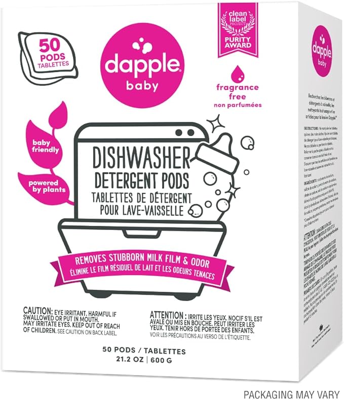 Dapple Baby Dishwasher Pacs, Hypoallergenic Dishwasher Pods Powered by Plants, Removes Milk Residue & Odor on Dishes, Baby Bottles & Kitchenware, Fragrance Free, 50 count