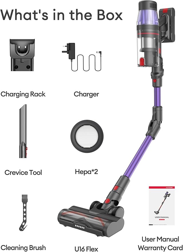 Ultenic Cordless Vacuum Cleaner, 550W/50Kpa, 60Mins Runtime, Stick Vacuum Cordless with 180°Bendable Wand, Anti-Tangle Brush, Vacuum Cleaners for Home/Pet Hair/Carpet/Floor (Purple)