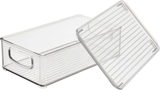 mDesign Plastic Storage Bin Box Container with Lid and Built-in Handles - Organization for Pens, Pencils, or Work Supplies in Home Office, Cabinet, or Desk Top, Ligne Collection - 4 Pack - Clear
