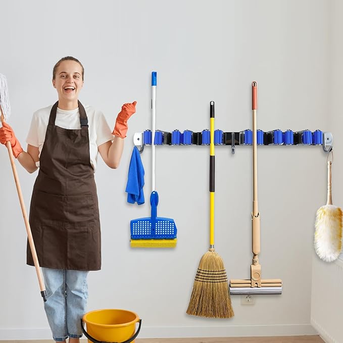 BigKing Mop Broom Holder Wall Mounted,6 Racks 3 Hooks Heavy Duty Stainless Steel Broom and Mop Hangers,Garage Storage Rack & Garden Tool Organizer, Self-adhesive/Screw Drilling