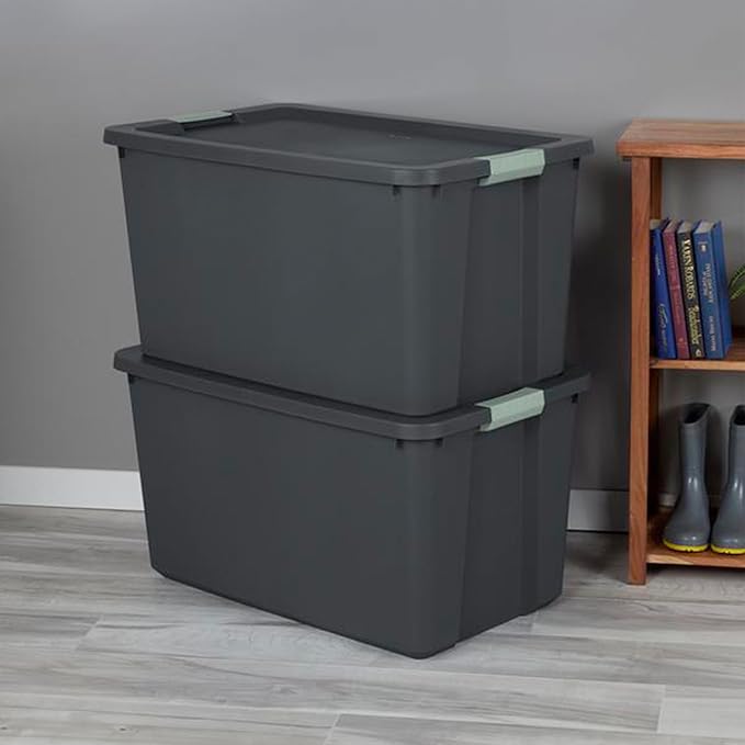 Sterilite 16 Pack 34 Gallon Latch Tote, Stackable Plastic Storage, Gray/Green