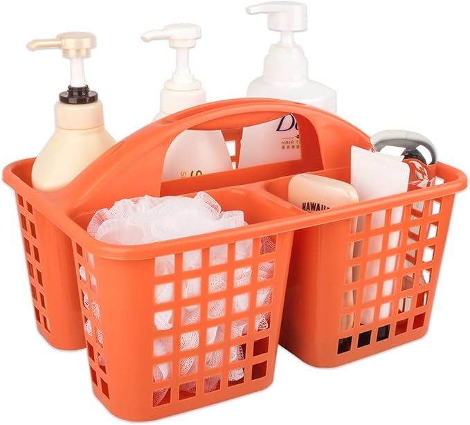 JiatuA Portable Shower Caddy Basket with Compartments Cleaning Supplies Organizer with Handle Plastic Storage Divided Tool Bin for Bathroom, Bedroom, Kitchen, College Dorm, Garden, Under Sink, Orange