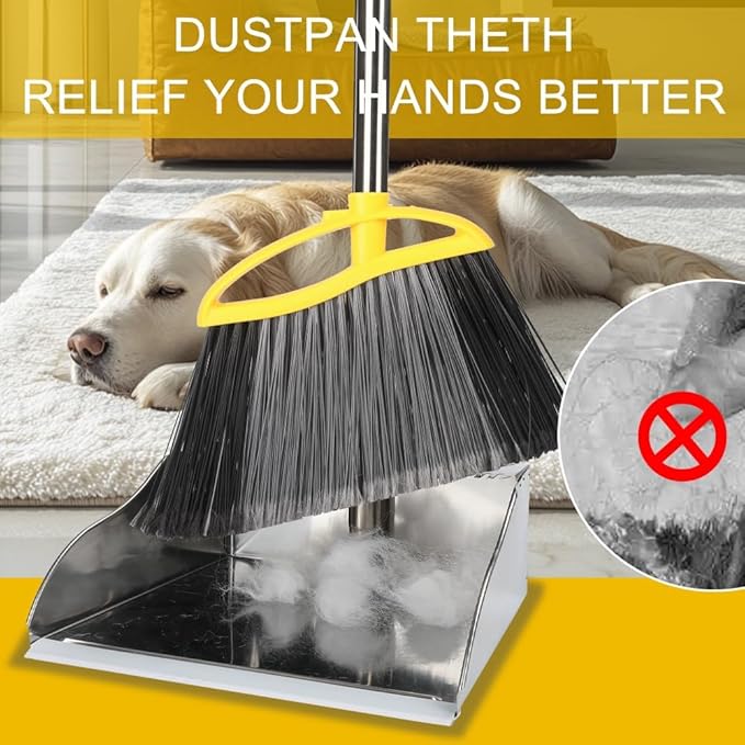 Broom and Dustpan Set, Outdoor Heavy Duty Broom with Stainless Steel Dustpan,Stiff Bristles Broom and Metal Dust Pan for Home