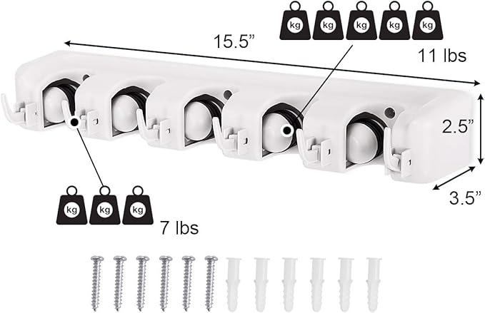 Tangkula Wall Mount Mop Broom Holder, Hanging Broom Organizer w/ 5 Slots & 6 Hooks, Home Storage Organizer Rack, Hanging Utility Rack for Home, Kitchen, Garage, Laundry (White)