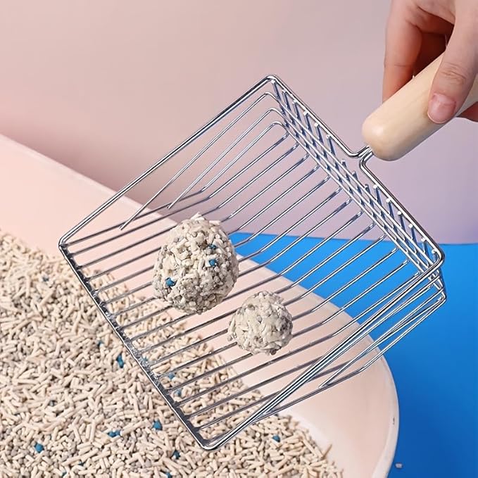 Cat Litter Scoops with Base Bracket, Kitty Scoop, Metal Cat Litter Scoop - Heavy Duty Litter Scooper & Speed Sifter with Comfortable Beech Wood Grip - Heavy Duty and Easy Clean