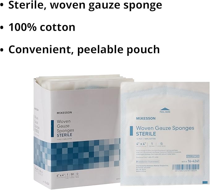McKesson Woven Gauze Sponges, Sterile, 12-Ply, 100% Cotton, (4 X 4 Inch (50 ct))