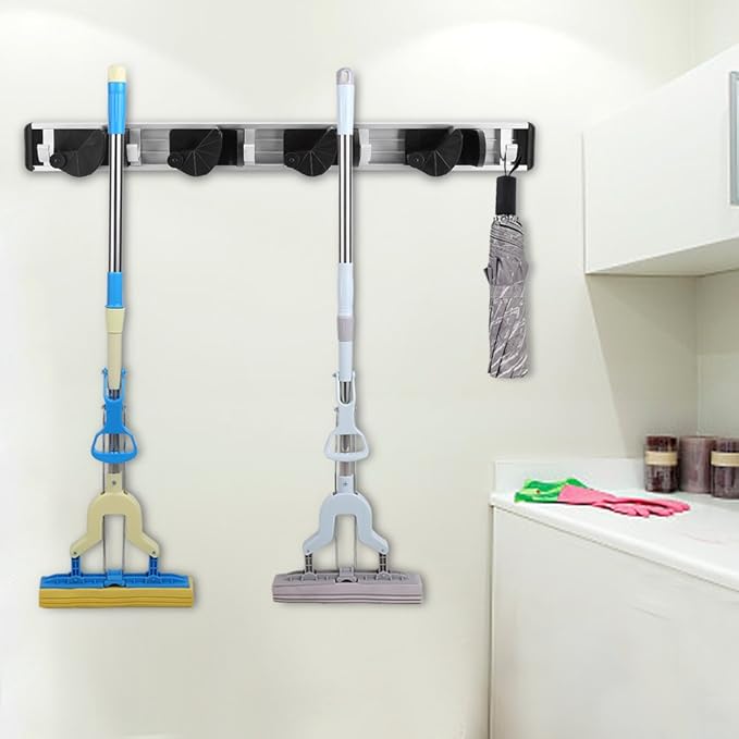Fdit Mop and Broom Holder Rack - Mop Broom Holder Wall Mounted Tools for Home kitchen Garden Garage Saving Space(4 Position 5 Hooks)