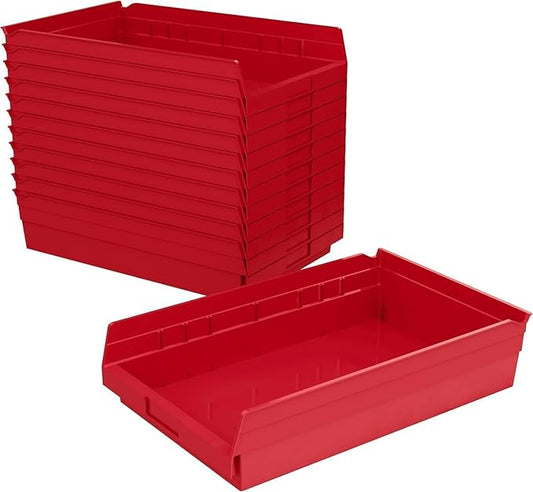 Akro-Mils 30178 Plastic Shelf Bins, Heavy Duty Storage Bins for Garage, Closet, and Drawer Organization, 18-Inch x 11-Inch x 4-Inch, Red, 12-Pack