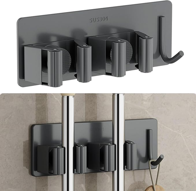 Wall Mounted Mop Holder Stainless Steel Mop and Broom Holder Self Free Brush Holder with Hanger Hook Kitchen Tool Mop Hanger Hook Adjustable Mop Holder Stainless Steel Hooks