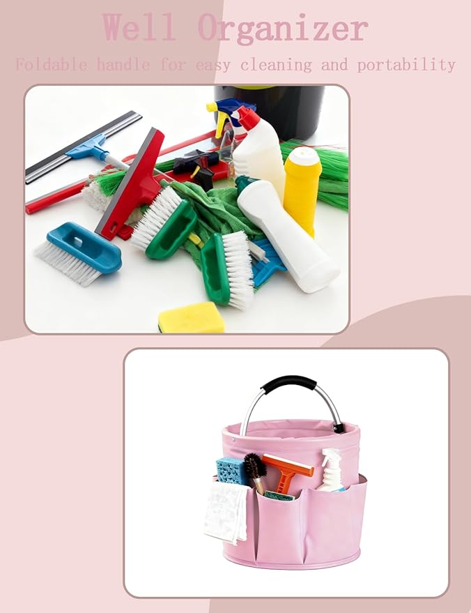 Cleaning Caddy with Handle, Cleaning Products Organiser, Foldable Storage Basket, Large Supply Organiser 17L with 6 Pockets, Portable Cleaning Caddy for Home & Garden (Pink)