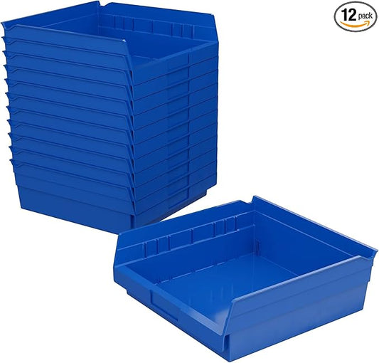 Akro-Mils 30170 Plastic Shelf Bins, Heavy Duty Storage Bins for Garage, Closet, and Drawer Organization, 12-Inch x 11-Inch x 4-Inch, Blue, 12-Pack