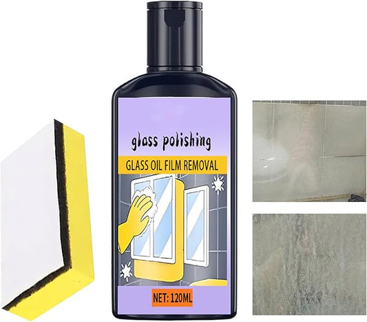 120ml Shower and Window Glass Cleaner, Oil Film Remover with Sponge, Household Glass Polishing Cleaner, Streak-Free Bathroom and KitchenGlass Solution for Toilet, Tub, Bathroom, Kitchen, Tile, Mirror