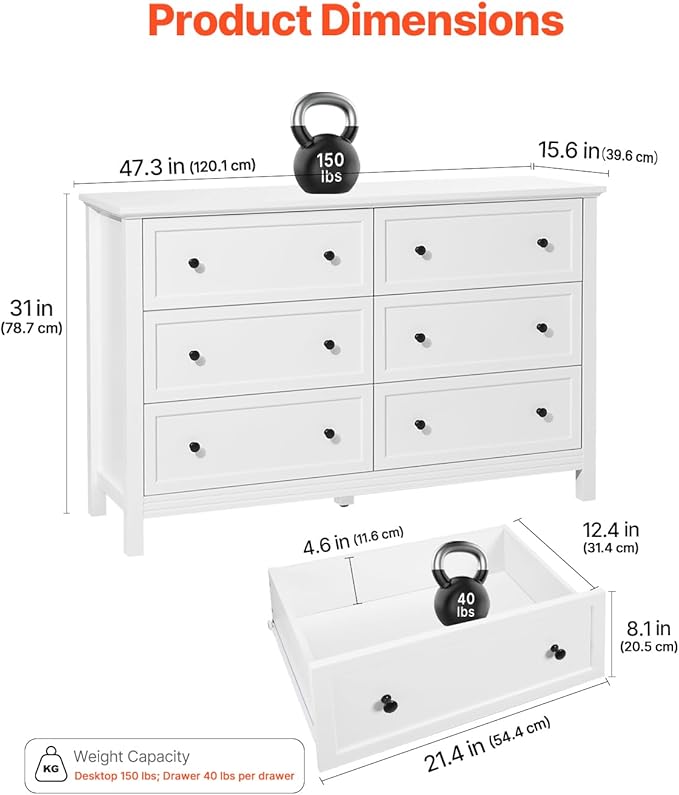 VEVOR 6 Drawer White Dresser, Wood Dresser Chest of Drawers with Middle Sliding Leg, Closet Storage Clothes Organizer for Bedroom, Living Room, Hallway, Entryway, Wide Drawer with Metal Handles