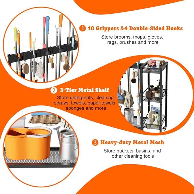 Broom and Mop Holder with Cleaning Supplies Organizer, Narrow Cleaning Cart with Cleaning Caddy, Large Capacity Cleaning Rack with Grippers Rack Hooks for Housekeeping Laundry Room Garage