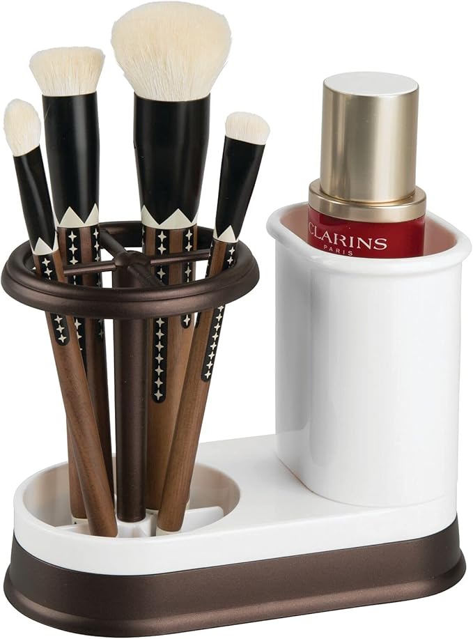 mDesign Decorative Bathroom Dental Storage Organizer Holder Stand for Electric Spin Toothbrush/Toothpaste - Compact Design for Countertop and Vanity, Holds 4 Standard Brushes - White/Bronze