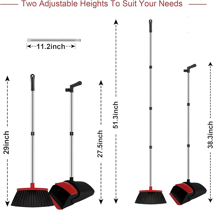 Broom and Dustpan Set for Household, Red Broom with Dustpan Combo Set, 51" Long Handle Dust pan Set for Dog Cat and Hair Clean