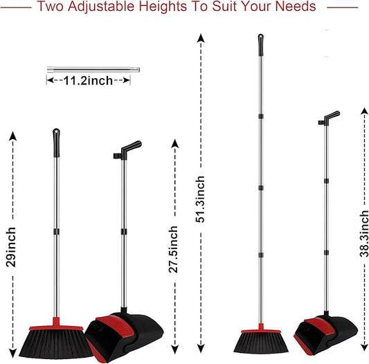 Broom and Dustpan Set for Household, Red Broom with Dustpan Combo Set, 51" Long Handle Dust pan Set for Dog Cat and Hair Clean