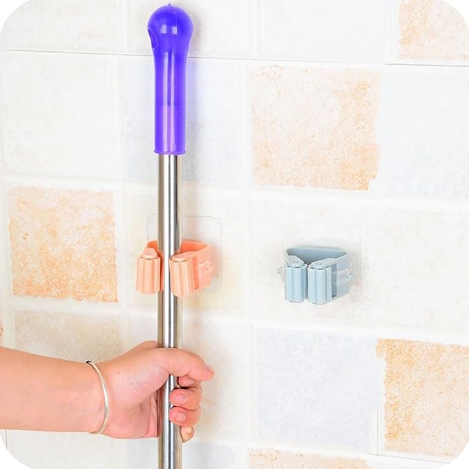 Broom And Mop Holder Clip 4 Pcs Mop Broom Wall Mounted Heavy Duty With Plastic Hooks Hanger No Drilling Mop Gripper For Home Bathroom Kitchen (pink)
